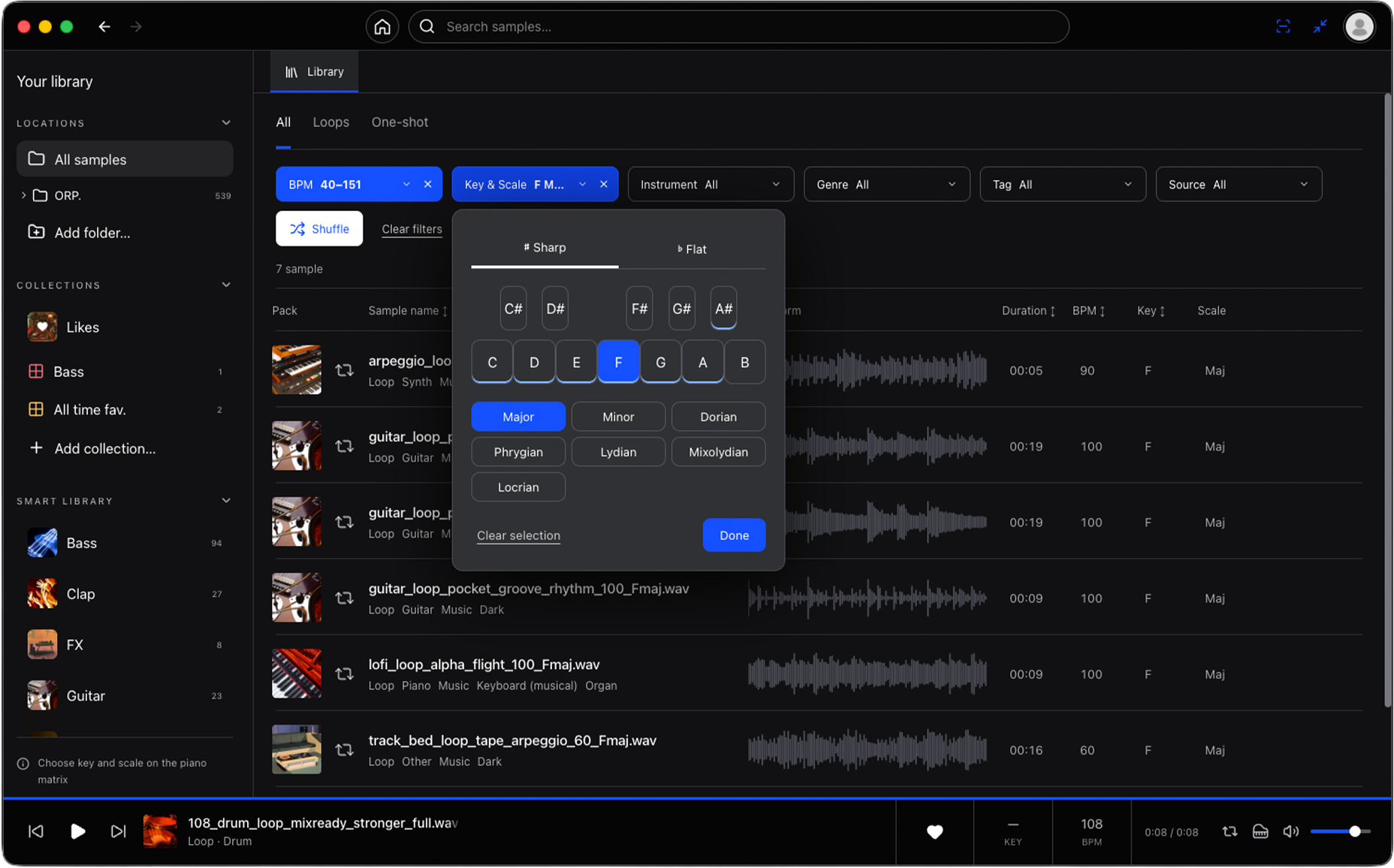 ORP. sample library with BPM and key filters