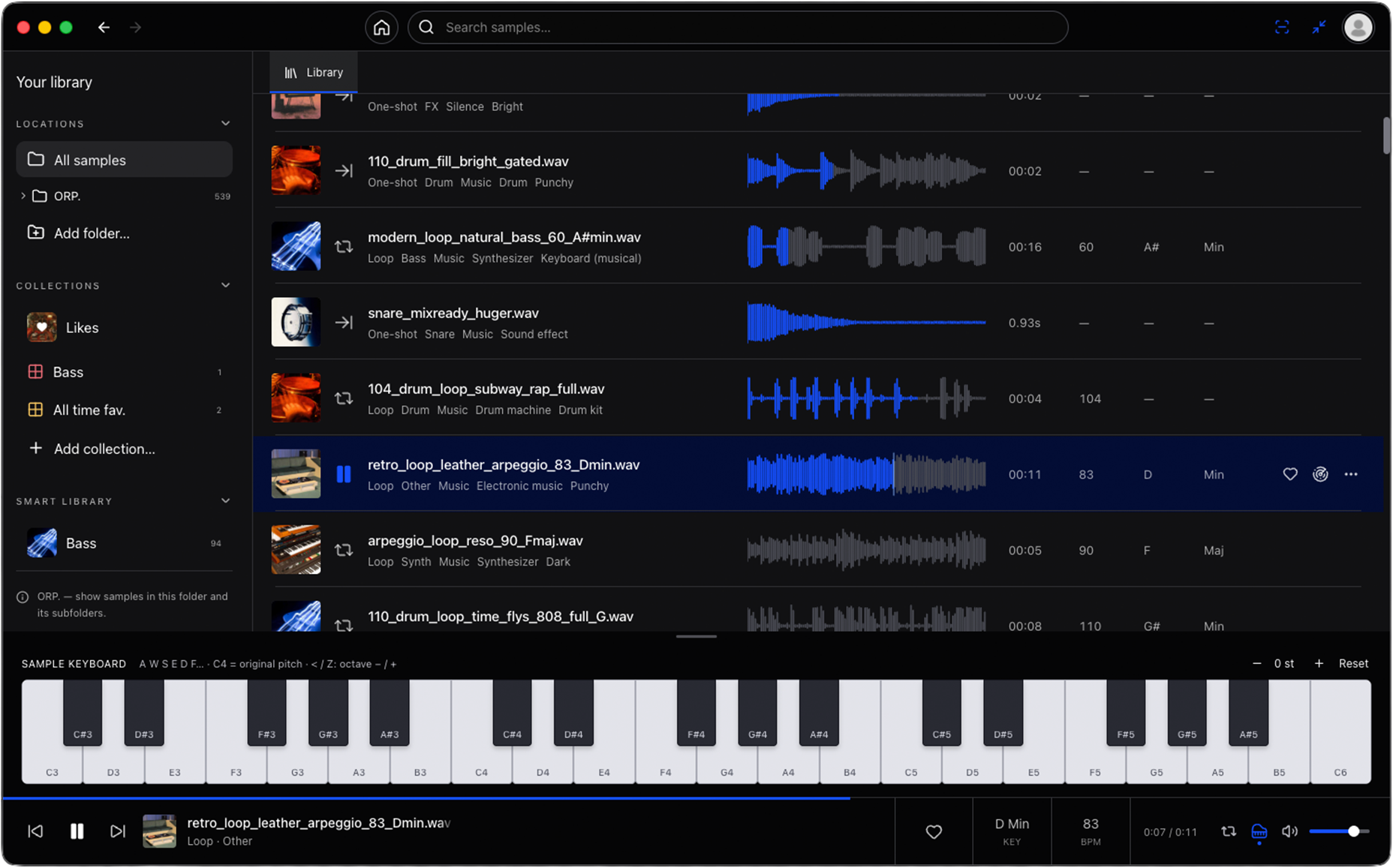 Listen. — Select a sample. Hear it at different notes on the piano roll.